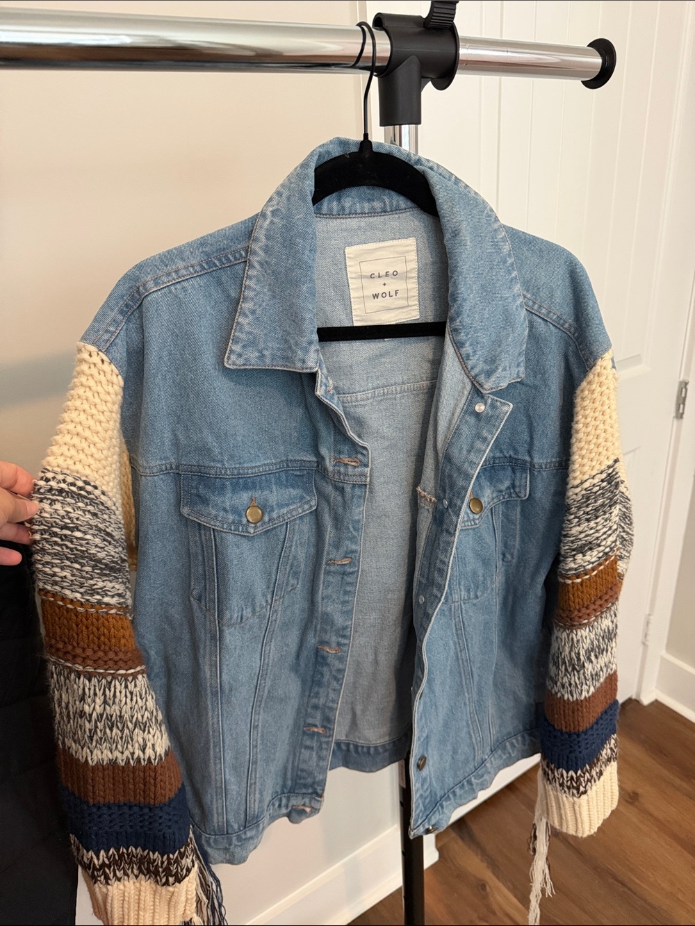 Cleo Wolf Light Wash Denim Jacket with Striped Knit Sleeves